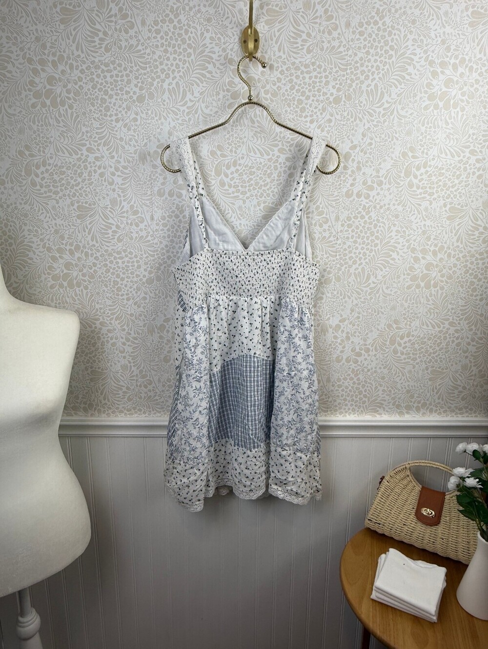 American Eagle Patchwork Blue Cotton Lace Inset Mini Dress - Size - Large - Picture 4 of 8